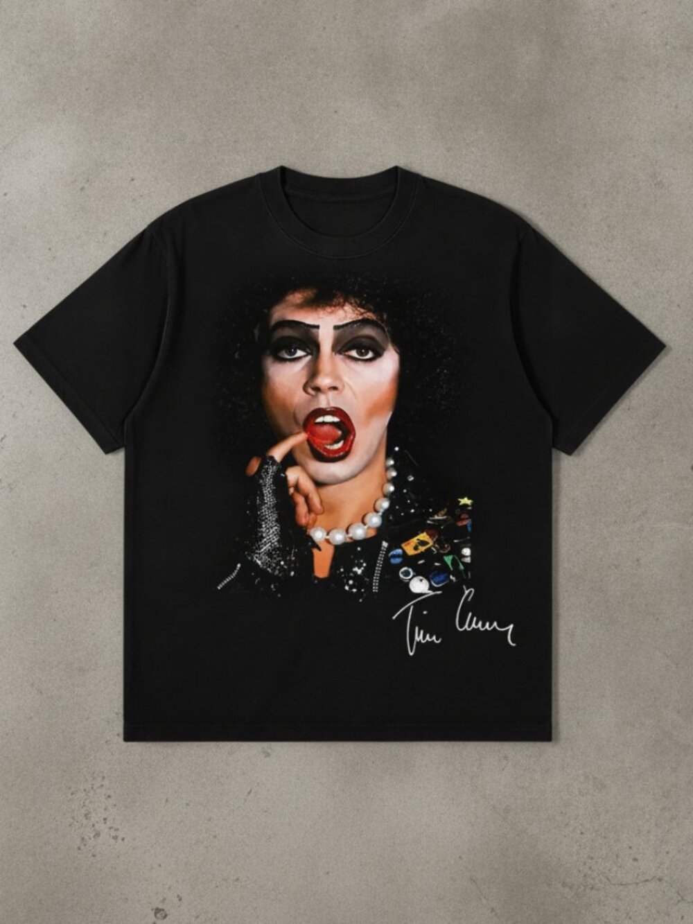 Glam Rock Horror Graphic Tee | Black Retro Movie-Inspired Statement Shirt